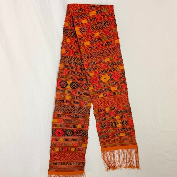 Hand Loomed Weaving Long Scarf Saffron Orange All Silk Fringe 65 X 16 Made India